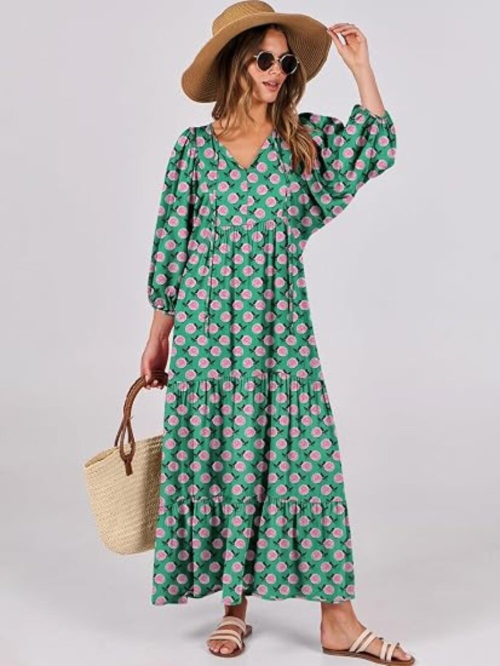 Womens Boho Floral 3/4 Puff Sleeve Maxi Dress